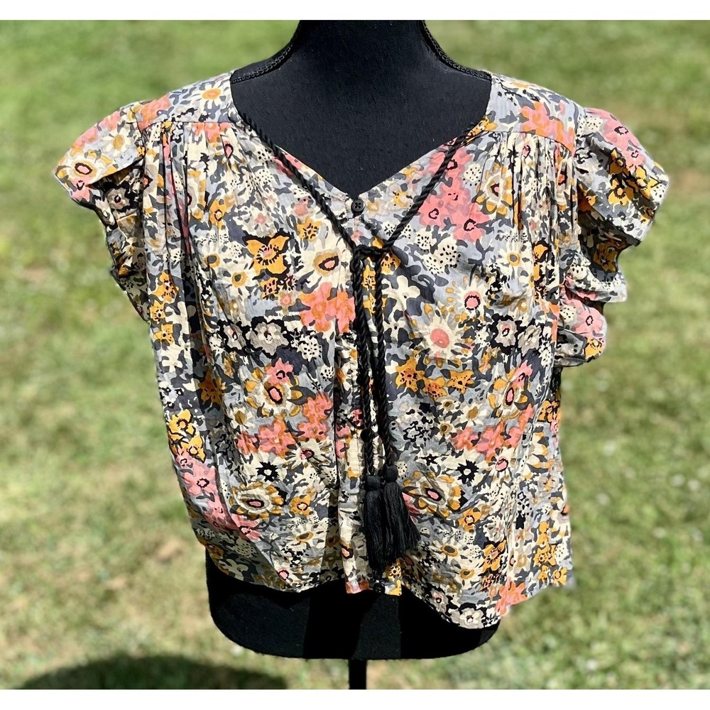 Bishop + Young Blouse Womens Small Floral Ruffle Sleeve Boho Top Tassel Trim